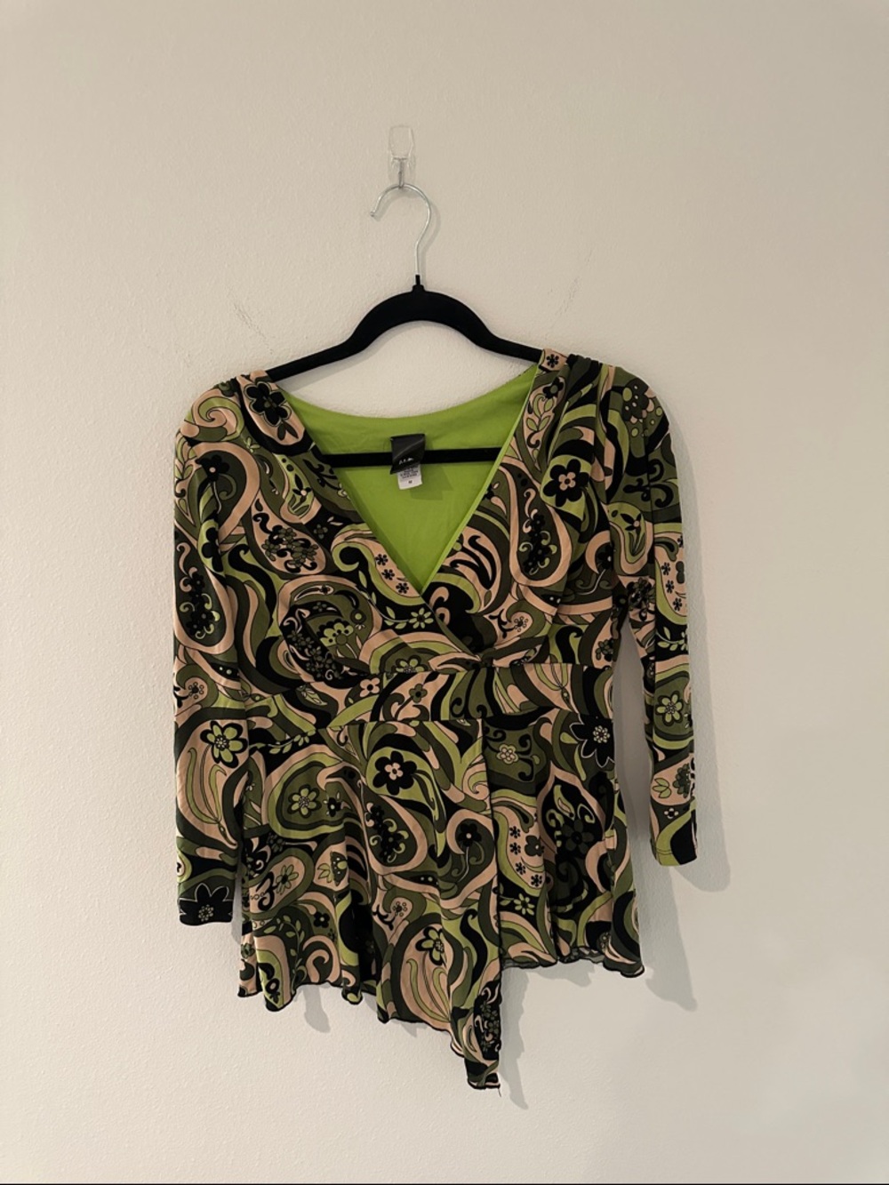 Boho Festival Printed V-Neck Wrap Tunic in Olive Green Size Medium